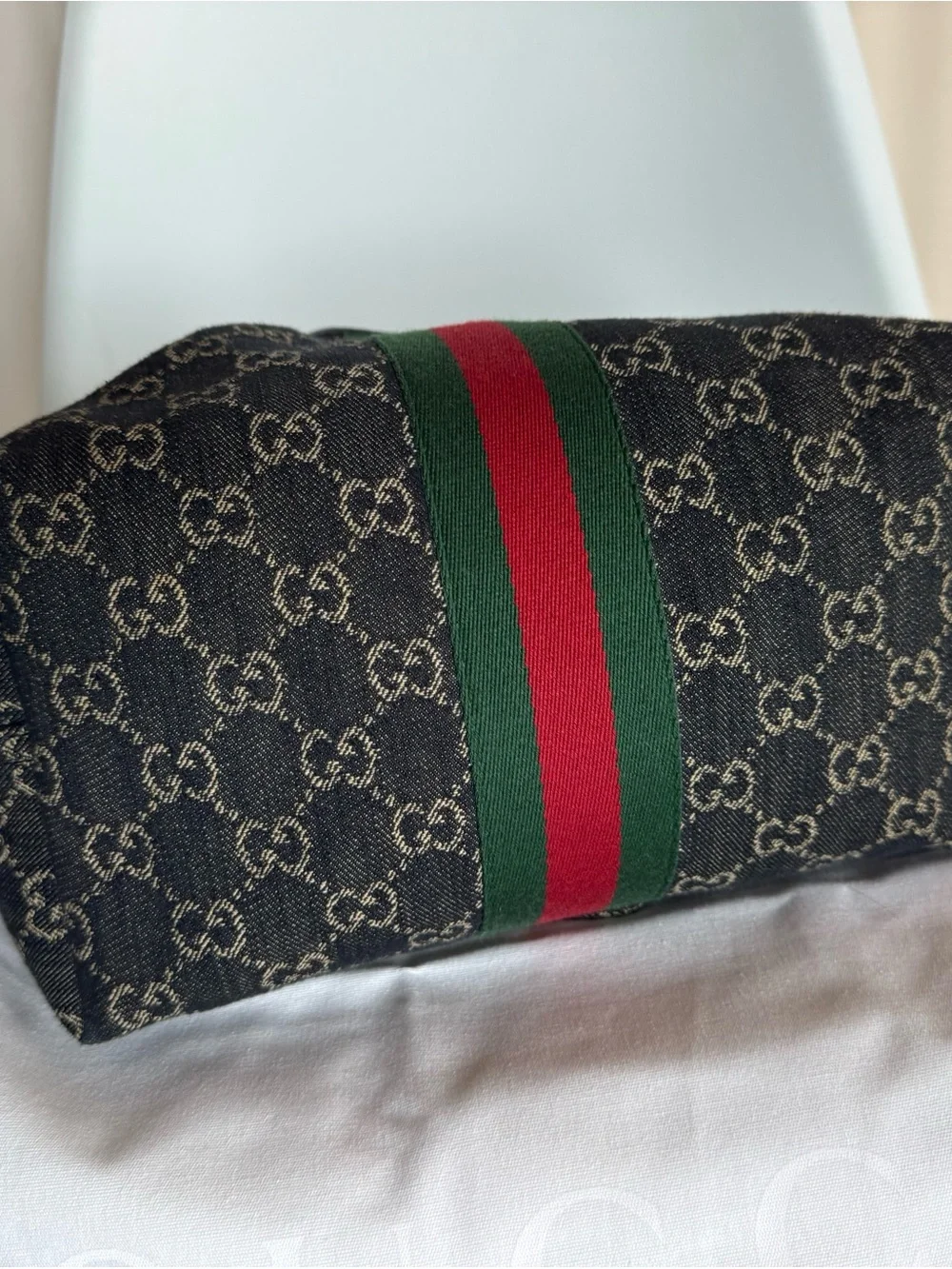Gucci Black Denim Giglio Canvas Tote with Green-Red Stripe - Picture 7 of 11